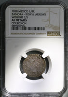 1858 NGC AU Zamora 1/8 Real Mexico Za Octavo Local Coin POP 1/0 (24041901C)