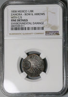 1858 NGC Fine Zamora 1/8 Real Mexico Za Counterstamp Octavo Local Coin POP 1/0 (24041101C)