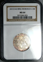 1896 NGC MS 64 Morocco 2.5 Dirhams AH 1314 Paris Mint Silver Coin (25050903C)