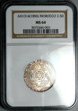1896 NGC MS 64 Morocco 2.5 Dirhams AH 1314 Paris Mint Silver Coin (25050903C)