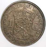 1911 NGC AU 58 Netherlands 1 Gulden Wilhelmina Key Silver Vintage Holder Coin (25042501C)