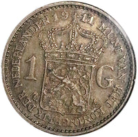1911 NGC AU 58 Netherlands 1 Gulden Wilhelmina Key Silver Vintage Holder Coin (25042501C)