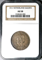 1911 NGC AU 58 Netherlands 1 Gulden Wilhelmina Key Silver Vintage Holder Coin (25042501C)