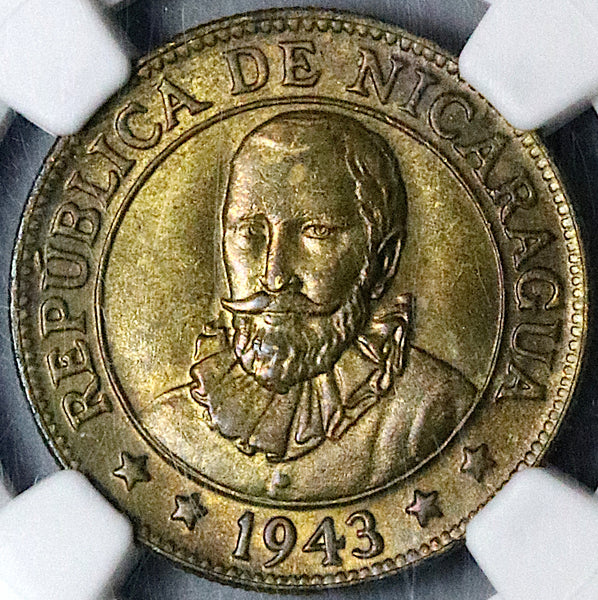 1943 NGC MS 65 Nicaragua 10 Centavos Sun Volcanos Stuart Collection Coin POP 2/0 (23060403C)