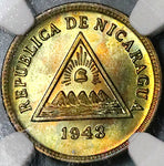 1943 NGC MS 66 Nicaragua 1 Centavo Volcanoes Liberty Cap Coin (24041902C)