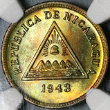 1943 NGC MS 66 Nicaragua 1 Centavo Volcanoes Liberty Cap Coin (24041902C)