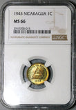 1943 NGC MS 66 Nicaragua 1 Centavo Volcanoes Liberty Cap Coin (24041902C)