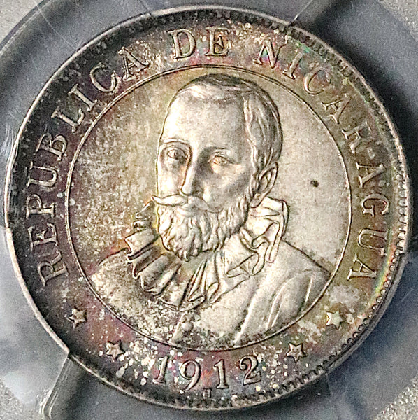 1912-H PCGS MS 63 Nicaragua 25 Centavos Volcanos Cordoba Silver Coin (24090901C)