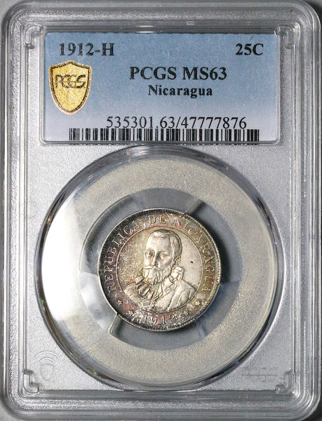 1912-H PCGS MS 63 Nicaragua 25 Centavos Volcanos Cordoba