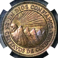 1943 NGC MS 65 Nicaragua 25 Centavos Sun Volcanos Richard Stuart Collection Coin  (24011001C)