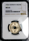 1926 NGC MS 64 Norway 1 Krone Haakon VI Mint State Kongsberg Coin (26072005C)