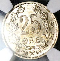 1899 NGC MS 64 Norway 25 Ore Oscar II Silver Kongsberg Mint 400k Coin (25062904C)