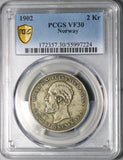 1902 PCGS VF 30 Norway 2 Kroner Oscar II Scarce Silver Coin (26010701C)