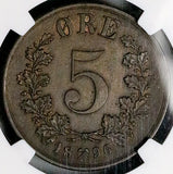 1896 NGC AU 58 Norway 5 Ore Oscar II Scarce Bronze Coin (26050303D)