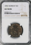 1896 NGC AU 58 Norway 5 Ore Oscar II Scarce Bronze Coin (26050303D)