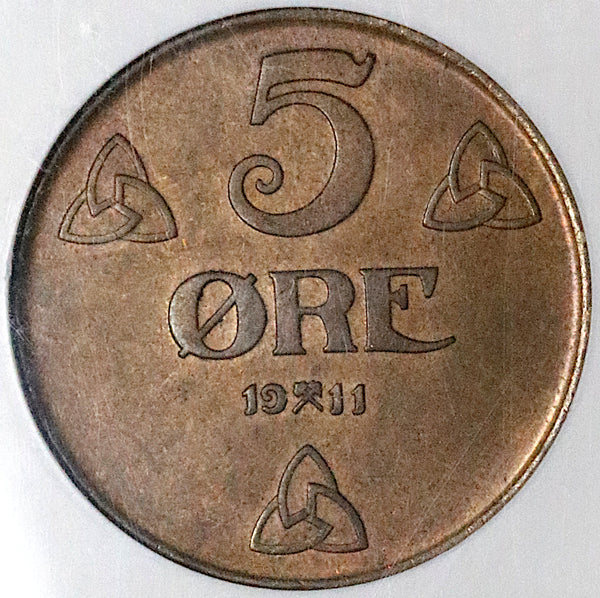 1911 NGC AU 58 Norway 5 Ore Haakon VII Scarce Bronze Coin (24042102C)