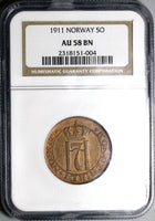 1911 NGC AU 58 Norway 5 Ore Haakon VII Scarce Bronze Coin (24042102C)