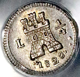 1820-L PCGS AU 58 Peru 1/4 Real Ferdinand VII Lion Castle Spain Colonial Silver Coin (26082702C)