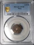 1822 PCGS VF 30 Peru 1/4 Radiant Sun Provisional Republican Coin POP 1/3 (26010802C)