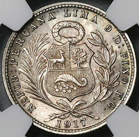 1917 NGC MS 64 Peru 1/5 Sol Seated Liberty Rare Date 20k Silver Coin (23053103C)