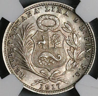 1917 NGC MS 64 Peru 1/5 Sol Seated Liberty Rare Date 20k Silver Coin (23053103C)