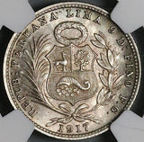 1917 NGC MS 64 Peru 1/5 Sol Seated Liberty Rare Date 20k Silver Coin (23053103C)