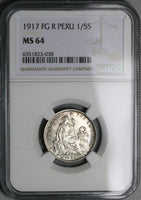 1917 NGC MS 64 Peru 1/5 Sol Seated Liberty Rare Date 20k Silver Coin (23053103C)