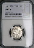 1917 NGC MS 64 Peru 1/5 Sol Seated Liberty Rare Date 20k Silver Coin (23053103C)