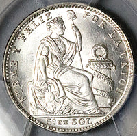 1917 PCGS MS 66 Peru 1/5 Sol Seated Liberty Rare Date 20k Silver Coin POP 3/1 (21042901D)