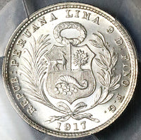 1917 PCGS MS 66 Peru 1/5 Sol Seated Liberty Rare Date 20k Silver Coin POP 3/1 (21042901D)