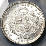 1917 PCGS MS 66 Peru 1/5 Sol Seated Liberty Rare Date 20k Silver Coin POP 3/1 (21042901D)