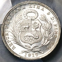 1917 PCGS MS 66 Peru 1/5 Sol Seated Liberty Rare Date 20k Silver Coin POP 3/1 (21042901D)