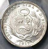 1917 PCGS MS 66 Peru 1/5 Sol Seated Liberty Rare Date 20k Silver Coin POP 3/1 (21042901D)