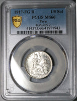 1917 PCGS MS 66 Peru 1/5 Sol Seated Liberty Rare Date 20k Silver Coin POP 3/1 (21042901D)