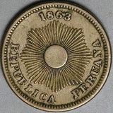 1863 Peru Un 1 Centavo XF Radiant Sun Coin (24092801R)