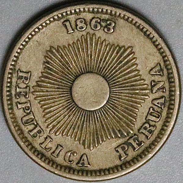 1863 Peru Un 1 Centavo XF Radiant Sun Coin (24092801R)