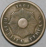 1864 Peru Un 1 Centavo VF Radiant Sun Coin (24092901R)