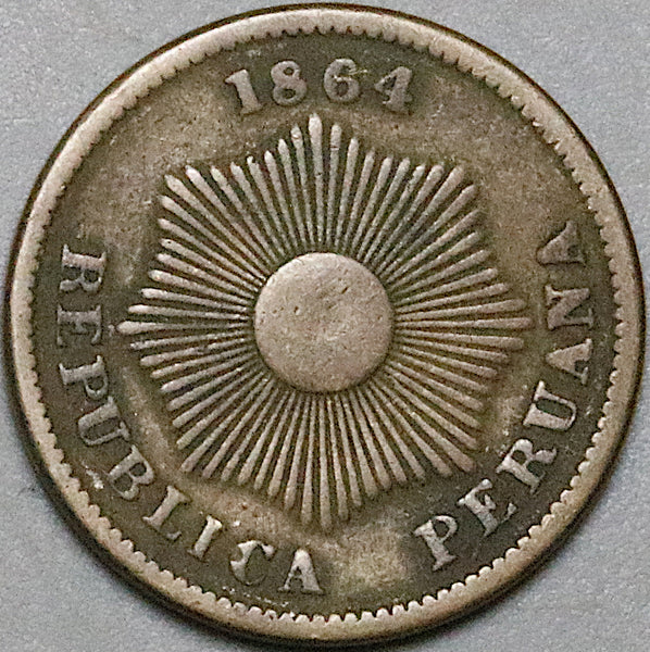 1864 Peru Un 1 Centavo VF Radiant Sun Coin (24092901R)
