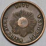 1877 Peru Un 1 Centavo AXF Radiant Sun Coin (24092904R)