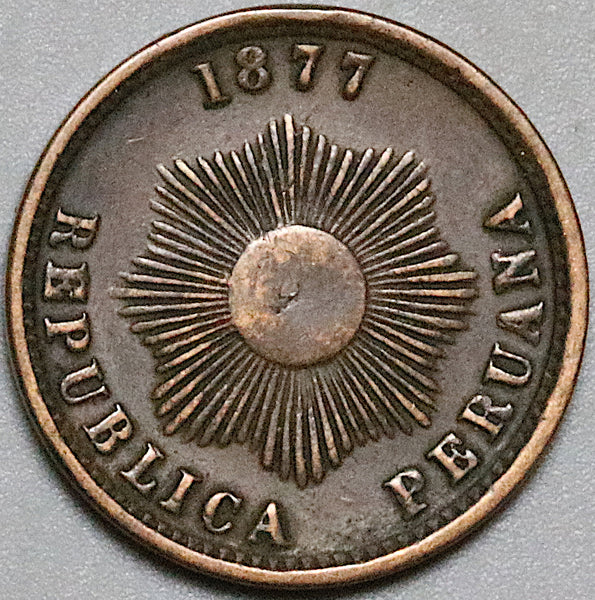 1877 Peru Un 1 Centavo AXF Radiant Sun Coin (24092904R)
