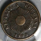 1909-R PCGS AU 50 Peru Un 1 Centavo Radiant Sun Key Date Coin POP 1/0 (25080601C)