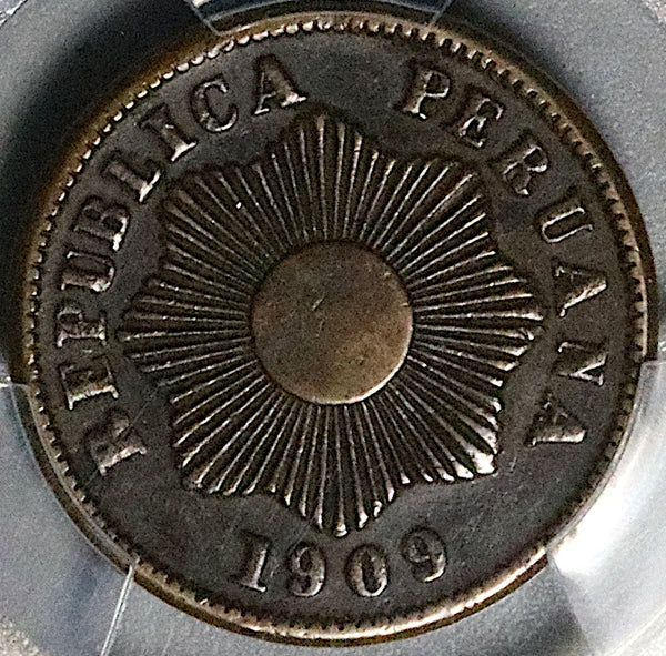 1909-R PCGS AU 50 Peru Un 1 Centavo Radiant Sun Key Date Coin POP 1/0 (25080601C)