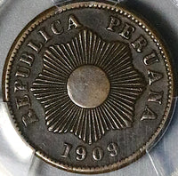 1909-R PCGS AU 50 Peru Un 1 Centavo Radiant Sun Key Date Coin POP 1/0 (25080601C)