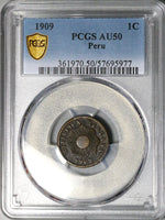 1909-R PCGS AU 50 Peru Un 1 Centavo Radiant Sun Key Date Coin POP 1/0 (25080601C)