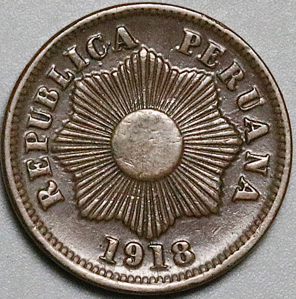 1918-R Peru Un 1 Centavo XF Radiant Sun Coin (24100102R)