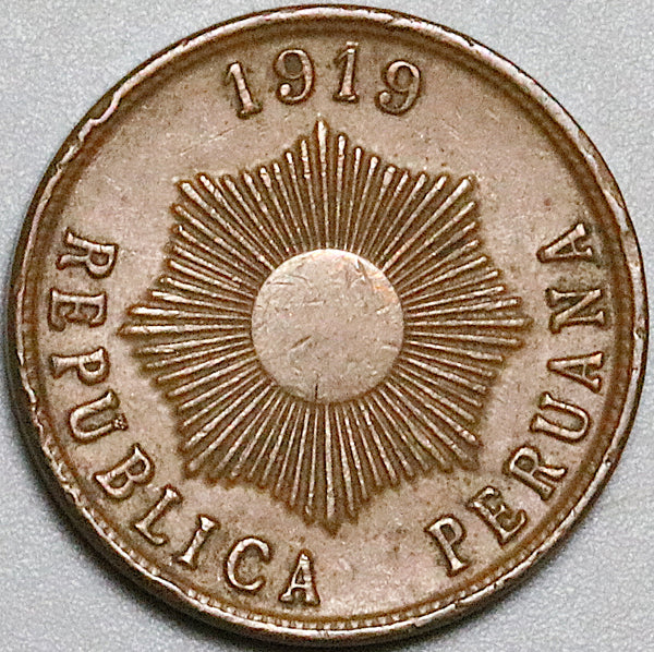 1919 Peru Un 1 Centavo AU Radiant Sun Coin (24100103R)