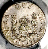 1759 PCGS XF 45 Peru 1 Real Spain Colonial Pillars Lima Ferdinand VI Rare Overdate Silver Coin (26082802C)
