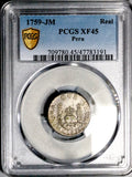 1759 PCGS XF 45 Peru 1 Real Spain Colonial Pillars Lima Ferdinand VI Rare Overdate Silver Coin (26082802C)