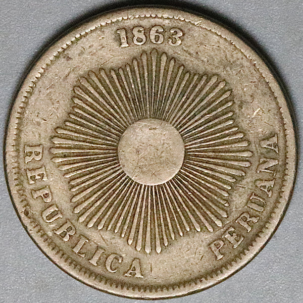 1863 Peru Dos 2 Centavos VF Radiant Sun Coin (24101401R)