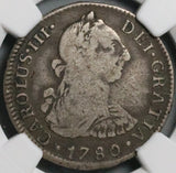 1780 NGC F 15 Peru 2 Reales Charles III Lima Pillars Colonial Silver Coin (26041503C)